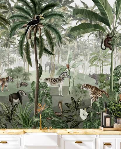 carta da parati stile vintage giungla con animali