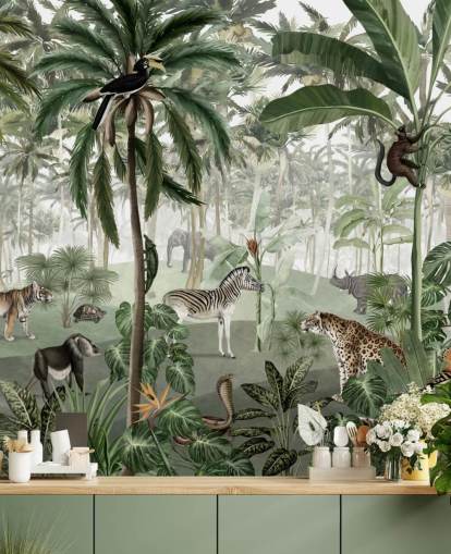 papel de parede de selva de estilo vintage com animais