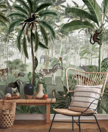 papel de parede de selva de estilo vintage com animais papel de parede de selva de estilo vintage com animais