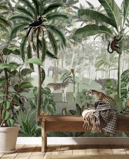 vintage style jungle with animals wallpaper