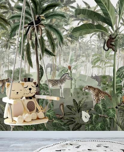 papel de parede de selva de estilo vintage com animais papel de parede de selva de estilo vintage com animais