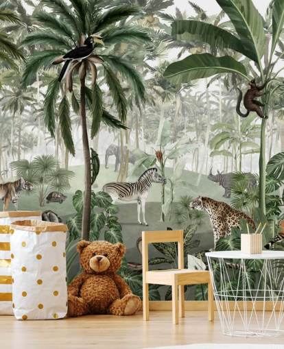 papel de parede de selva de estilo vintage com animais papel de parede de selva de estilo vintage com animais