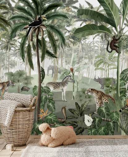 carta da parati stile vintage giungla con animali