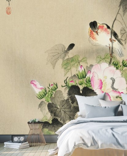 pink and white florals with bird wallpaper pink and white florals with bird wallpaper
