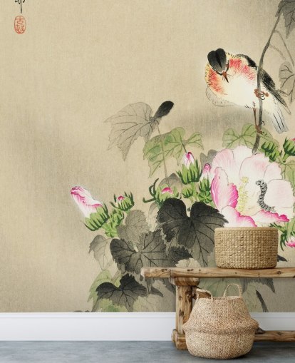 pink and white florals with bird wallpaper