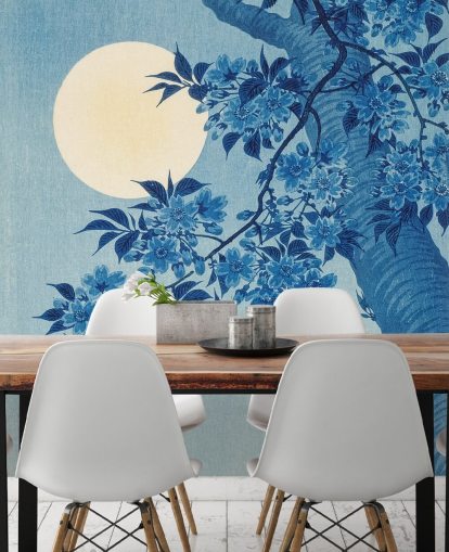 papel pintado de árbol azul y blanco