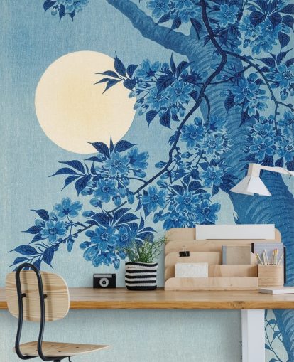 papel pintado de árbol azul y blanco