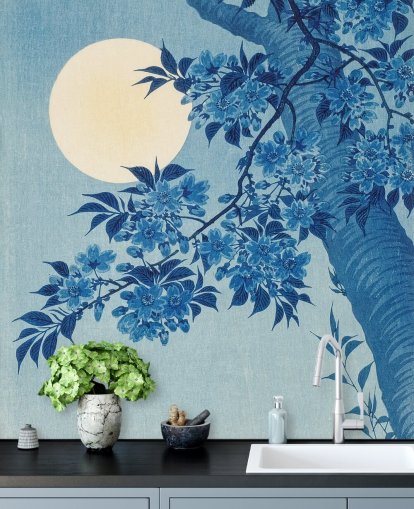 papel de parede de árvore azul e branca