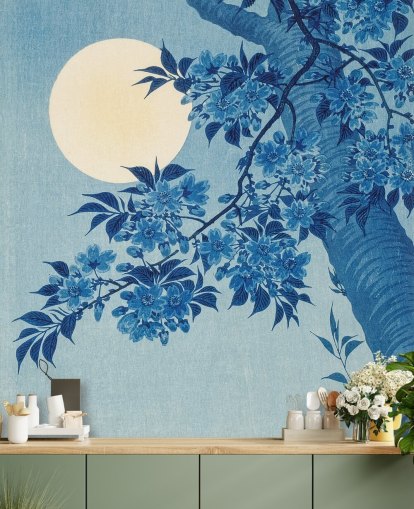 papel de parede de árvore azul e branca