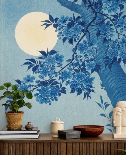 papel pintado de árbol azul y blanco