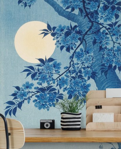 papel pintado de árbol azul y blanco