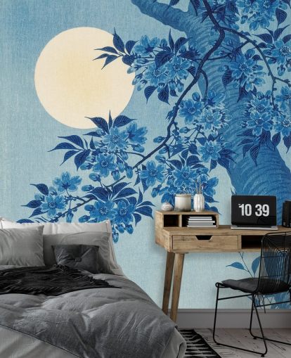 papel pintado de árbol azul y blanco