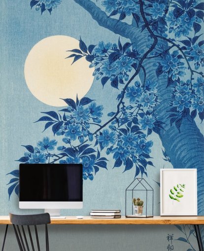 papel pintado de árbol azul y blanco