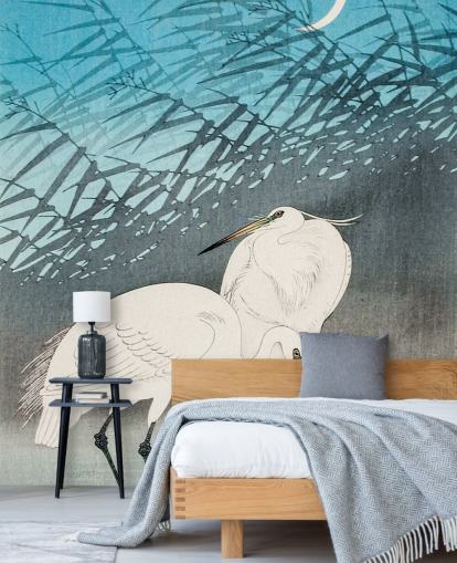 blauwe oosterse kunst met zilverreigers behang