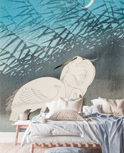 blue oriental art with egrets wallpaper