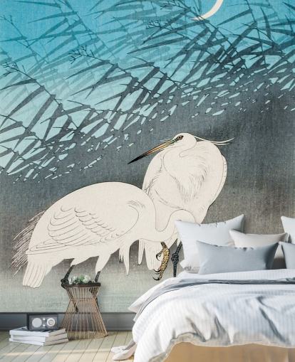 blue oriental art with egrets wallpaper blue oriental art with egrets wallpaper