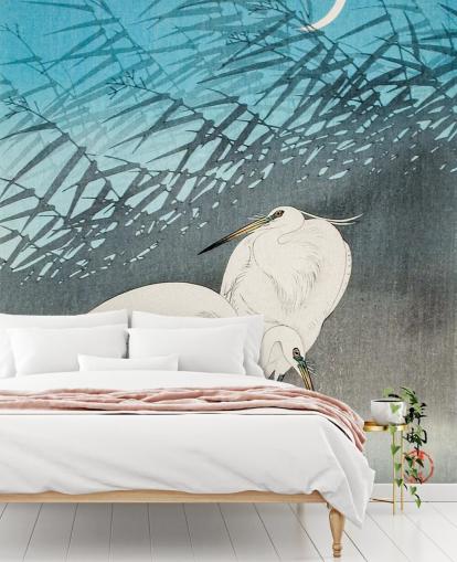 arte oriental azul con papel tapiz de garcetas