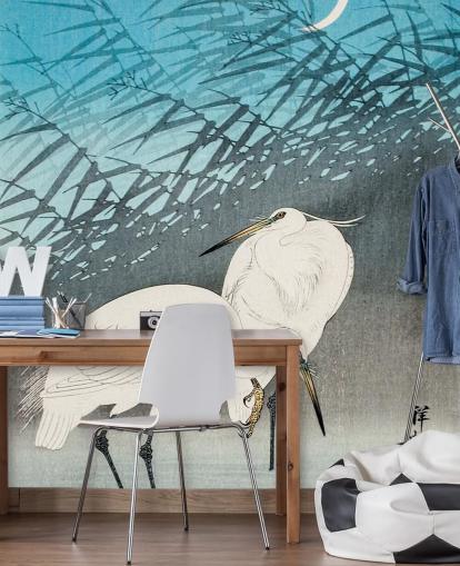 blå orientalsk kunst med egrets tapet