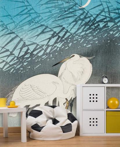 blue oriental art with egrets wallpaper