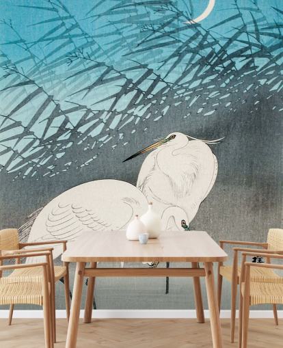 arte oriental azul con papel tapiz de garcetas