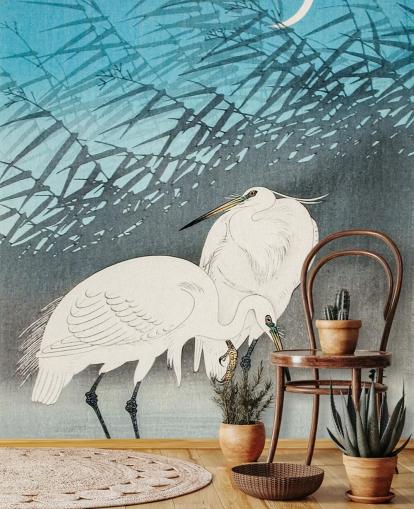 blue oriental art with egrets wallpaper blue oriental art with egrets wallpaper