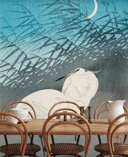 blauwe oosterse kunst met zilverreigers behang