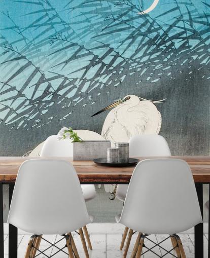 blue oriental art with egrets wallpaper