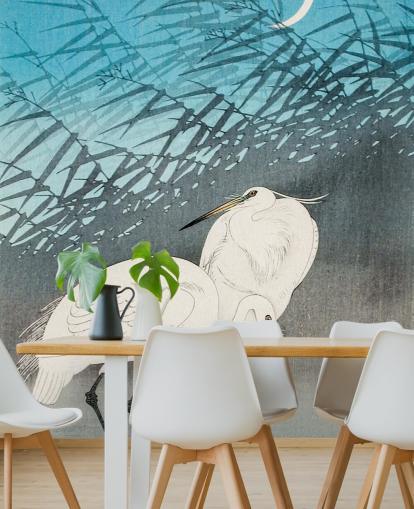blå orientalsk kunst med egrets tapet