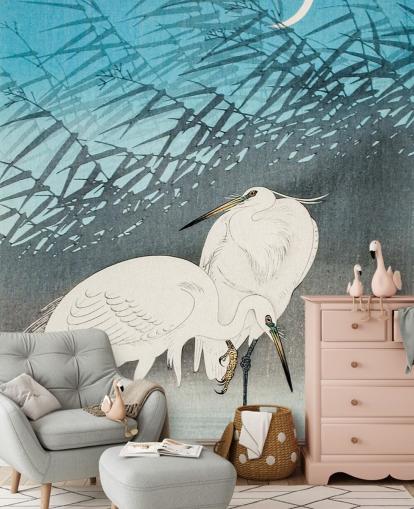 blue oriental art with egrets wallpaper