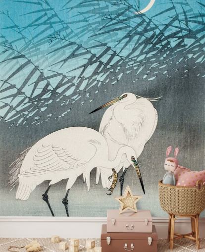 blå orientalsk kunst med egrets tapet