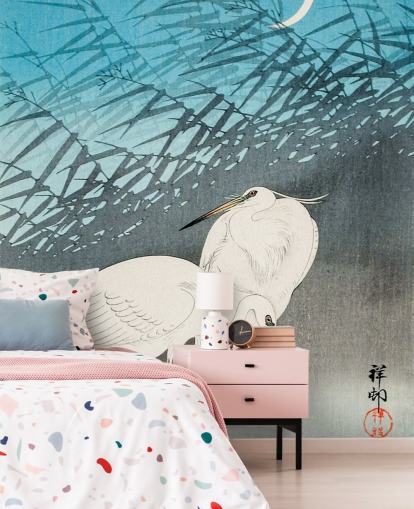 blue oriental art with egrets wallpaper