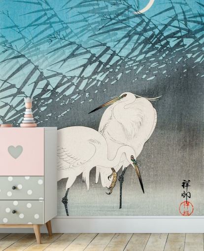 blue oriental art with egrets wallpaper