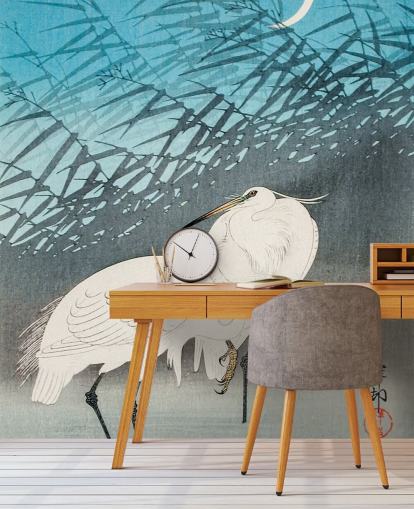 papier peint art oriental bleu avec des aigrettes