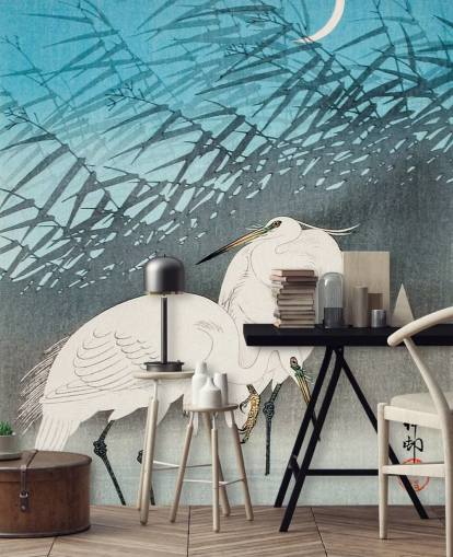 blue oriental art with egrets wallpaper