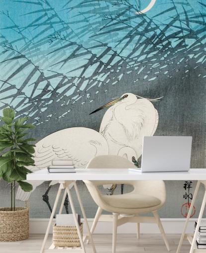 blue oriental art with egrets wallpaper