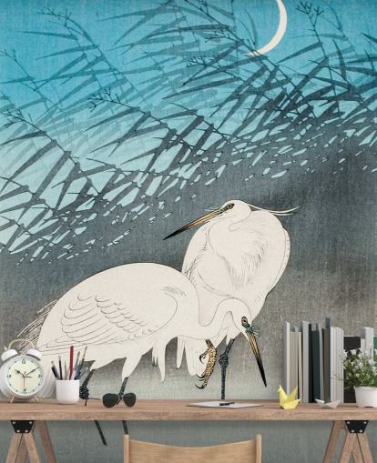 papier peint art oriental bleu avec des aigrettes