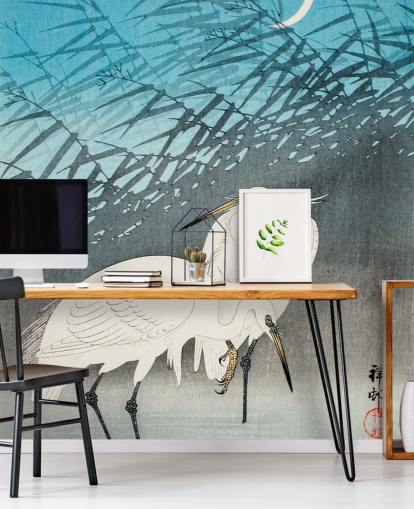 papier peint art oriental bleu avec des aigrettes