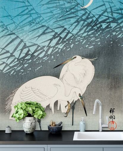 Egrets and Reeds in Moonlight Bird Wall Mural