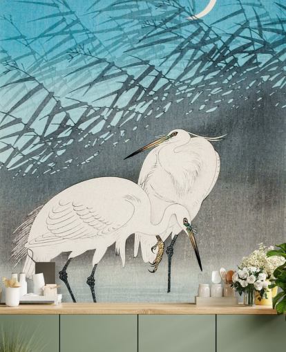 blue oriental art with egrets wallpaper blue oriental art with egrets wallpaper