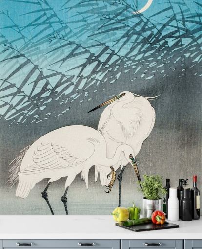 blå orientalsk kunst med egrets tapet