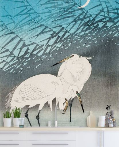 arte oriental azul com garças papel de parede