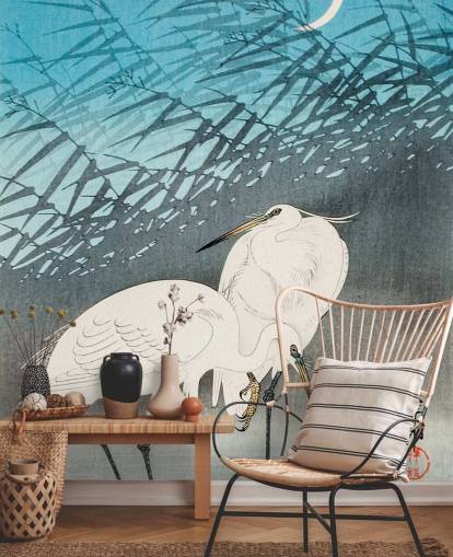 blå orientalsk kunst med egrets tapet