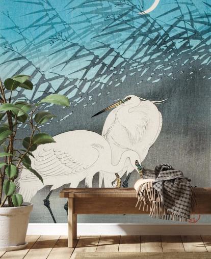 blaue orientalische Kunst mit Reiher-Tapete