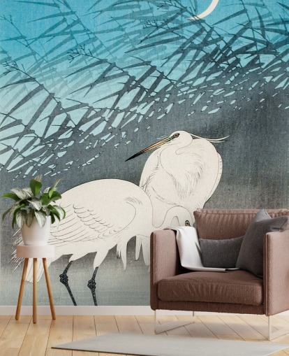 blue oriental art with egrets wallpaper
