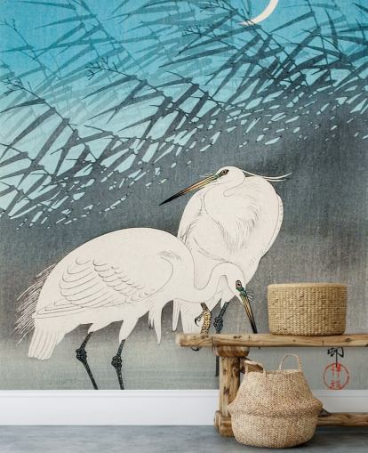 blue oriental art with egrets wallpaper blue oriental art with egrets wallpaper