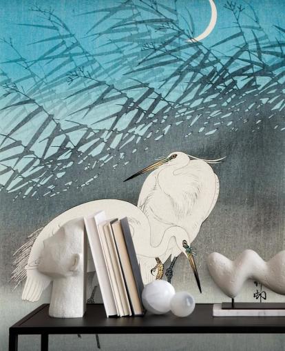 blå orientalsk kunst med egrets tapet
