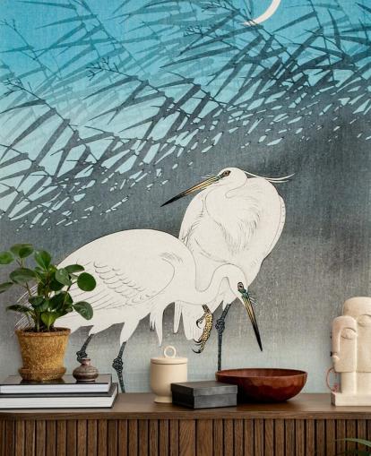 blauwe oosterse kunst met zilverreigers behang