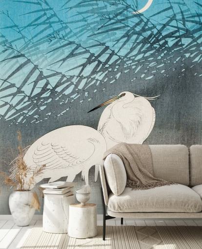 blue oriental art with egrets wallpaper