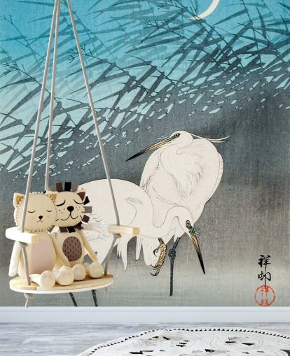 blue oriental art with egrets wallpaper