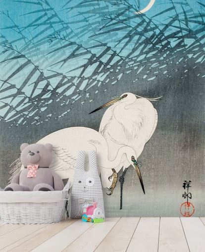 blue oriental art with egrets wallpaper